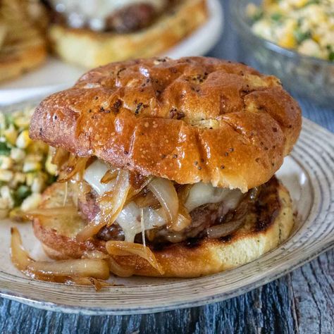 French Onion Burgers with Caramelized Onions - Grumpy's Honeybunch French Onion Burgers, Parmesan Pasta Salad, Onion Burger Recipe, Burger Sliders Recipes, Onion Burgers, Onion Bagel, Patty Melt Recipe, Onion Grilled Cheese, Blue Cheese Burgers