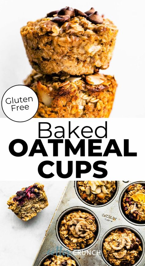 Enjoy a healthy and easy to make Baked Oatmeal Cup for your breakfast. Made gluten free with vegan option, this baked oatmeal cup recipe comes with 3 flavor options and is great for a breakfast meal prep. Gluten Free Baked Oatmeal, Gluten Free Oatmeal Recipes, Cotter Crunch, Baked Oatmeal Muffins, Gf Snacks, Golo Recipes, Breakfast Oats, Baked Oatmeal Cups, Oatmeal Cups