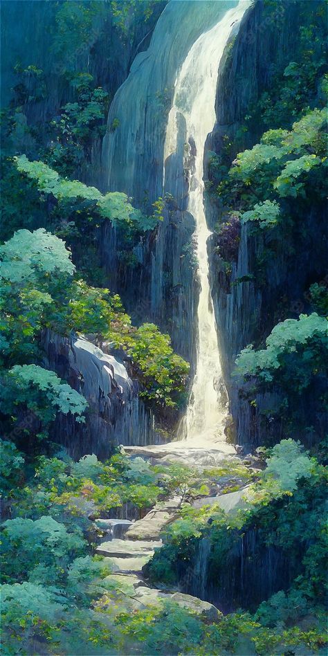 Waterfall Background, Waterfall Wallpaper, Anime Places, Waterfall Art, Fantasy Background, Forest Background, Cool Anime Backgrounds, Landscape Art Painting, Anime Backgrounds Wallpapers