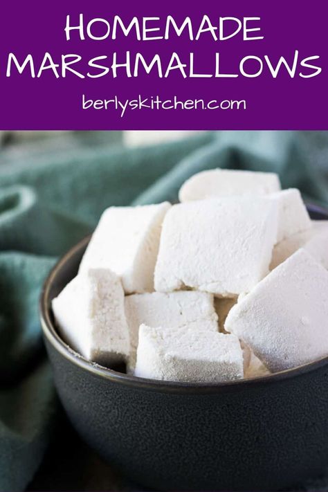 Have you ever wanted to make your own marshmallows? Now you can with our simple marshmallow recipe. Easy and delicious handmade marshmallows at home! #berlyskitchen Dairy Free Marshmallows, Make Your Own Marshmallows, Homemade Marshmallows Without Corn Syrup, Marshmallow Without Gelatin, How To Make Marshmallows Without Gelatin, Homemade Marshmallows Without Gelatin, Home Made Marshmallows Recipe, Gelatin Marshmallow Recipe, Marshmallow Recipe Without Gelatin