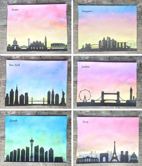 City Skyline Watercolor Painting for Preschoolers - Go Places With Kids Painting For Preschoolers, City Skyline Drawing, Skyline Watercolor Painting, Kindergarten Snacks, Kids Art Lessons, Skyline Drawing, Sunset Cityscape, Watercolor Skyline, City Skyline Art