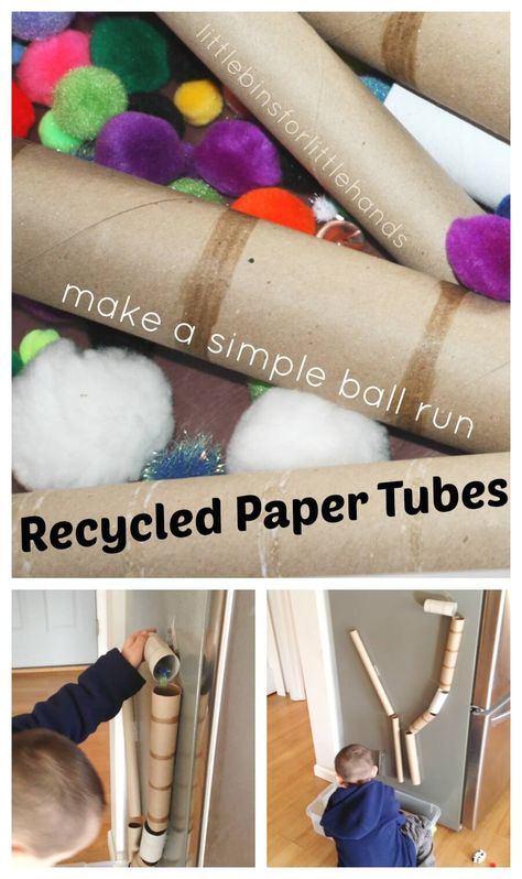 Grab some cardboard tubes and make a quick ball run for pom poms and marbles. Assemble a sensory bin for exploring and creating with cardboard tubes. Cardboard Marble Run, Diy Marble Run, Recycling Activities, Sensory Tub, Creative Curriculum, Sensory Room, Sensory Table, Marble Run, Ball Run