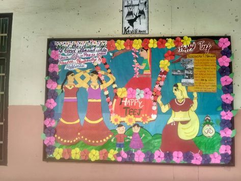 Happy teej Teej Festival Decoration In School, Teej Festival Decoration, Happy Teej, Board Decoration Ideas, Teej Festival, Interesting Facts About Yourself, Plant Projects, Notice Board, Board Decoration