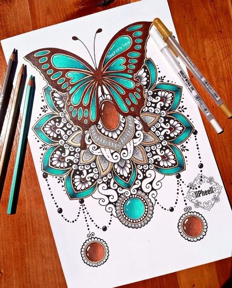 Mandala Pencil and Ink Drawing. Mandala Art With Butterfly, Pencil Color Mandala Art, Mandala Drawing Butterfly, Mandela Art Colorful, Mandala Art Design Creative Beautiful, Mandala Drawing Ideas Creative Beautiful, Mandala Drawing Colourful, Mandala Art Ideas Creative, Mandala Art Colorful