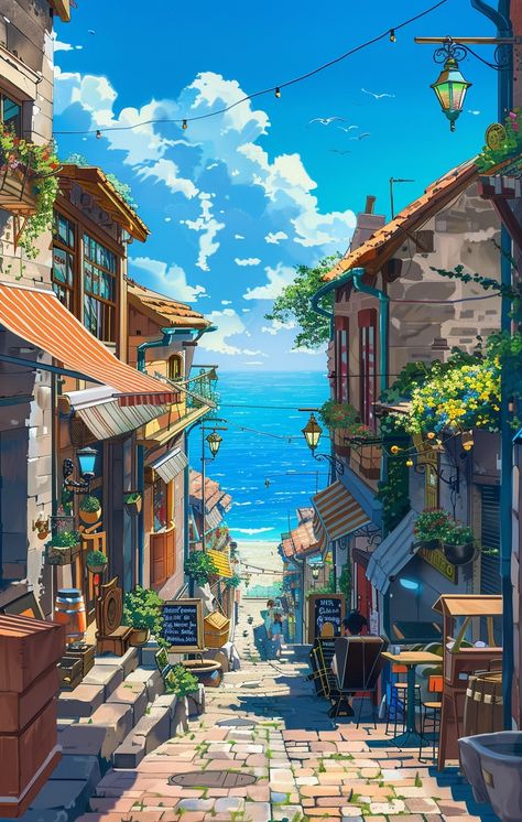 a street to the beach, small town, small shops on the two sides, some lanterns, there are musician playing voilin and accordion on the street, russian style architectures, rocky road, miyazaki hayao art style, blue sky, symmetrical layout with strong sense of depth --v 6 Beach Town Fantasy Art, Small Town Painting, Small Town Illustration, Miyazaki Hayao Art, Hayao Miyazaki Aesthetic, Sense Of Place Art, Roads Illustration, Coastal Town Aesthetic, City Street Illustration