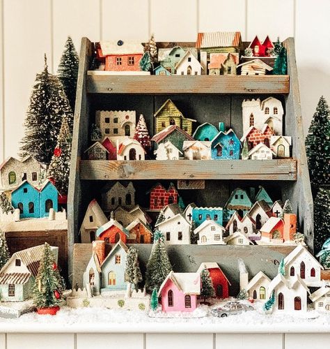 Emily Baker on Instagram: “If ever there was a village that I would want to move to … this would be it. . Charming, colorful, inviting, and full of “make believe” -…” Putz Houses Christmas, Vintage Putz Houses, Houses Christmas, Glitter Houses, Putz Houses, Make Believe, Christmas Villages, Christmas Village, Cozy Christmas