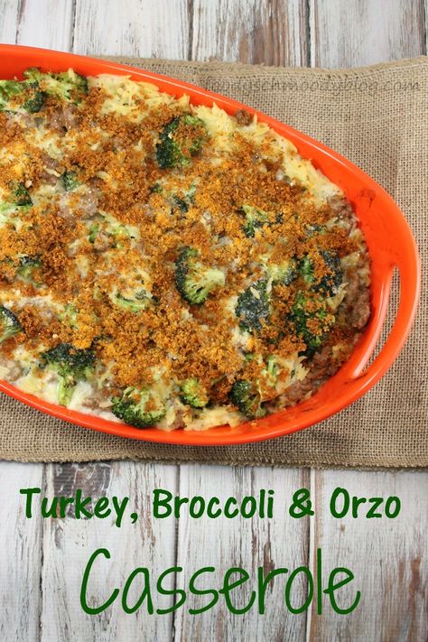 Turkey, Broccoli and Orzo Casserole A creamy casserole w/ lean ground turkey, fresh broccoli, tons of cheese and orzo pasta.  Ultimate #comfortfood Turkey And Broccoli Casserole, Ground Turkey And Broccoli, Broccoli Casserole Recipes, Orzo Casserole, Sonoma Diet, Turkey Broccoli, Ground Turkey Casserole, Cheesy Dinner, Creamy Casserole