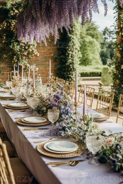 Lilac And Sage Table Setting, Wedding Table Purple, Formal Wedding Place Settings, Enchanted Garden Wedding Reception, Purple And Green Table Setting, European Garden Party Wedding, Sage And Lavender Wedding Centerpieces, French Wedding Table Setting, Elegant Table Settings Classy