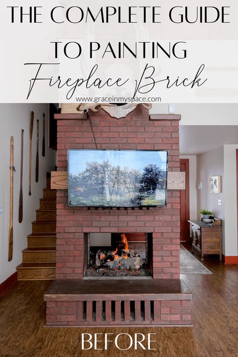 Painting fireplace brick is an affordable way to updated a dated fireplace. Here is a complete guide to painting fireplace brick properly. #fromhousetohaven #paintedbrick #paintedfireplace #paintingtips #paintingbrick #DIYtutorial Paint Old Fireplace Brick, Brown Painted Fireplace Brick, Painting A Brick Fireplace Black, White Washed Red Brick Fireplace, Repaint Fireplace Brick, Fireplace Colors Painted Brick, Painted Fireplaces Brick, Reclaimed Brick Fireplace, Painted Brick Hearth