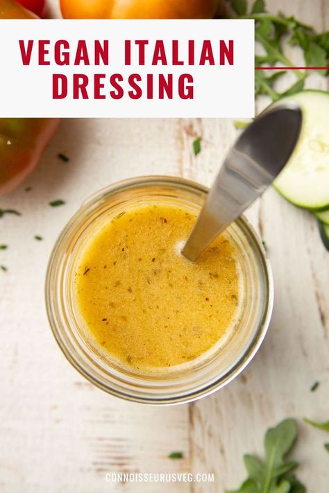 This vegan Italian dressing is bursting with zesty flavor! So much better than store-bought dressing, and it can be made in minutes with just a handful of pantry staples. Vegan Italian Dressing, Italian Dressing Recipes, Zesty Italian Dressing, Vegan Dinner Recipes Easy, Vegan Dressing, Italian Salad Dressing, Vegan Italian, Easy Vegan Dinner, Vegan Sauces