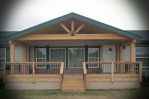 Farmhouse Front Porch On Mobile Home, Front Porch Elevation Ideas, Back Porch Ideas For Mobile Home, Front Porch Ideas Trailer, Adding A Front Porch To A Modular Home, Ranch Style Homes With Front Porch, Modular Home Front Porch Addition, Porch Designs For Mobile Homes, Cover Front Porch Ideas