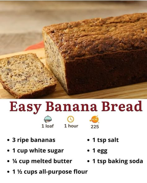 🍌 Easy Banana Bread Recipe 🍞 Ingredients: 3 ripe bananas, mashed 🍌 1 cup white sugar 🍚 1 egg 🥚 ¼ cup melted butter 🧈 1 ½ cups all-purpose… | Instagram Banana Bread Easy Moist, Banana Bread Recipe Easy Moist, Banana Recipes Easy, Banana Cake Recipe Easy, Ripe Banana Recipe, Delicious Banana Bread Recipe, Banana Recipe, Banana Dessert Recipes, Easy Banana Bread Recipe