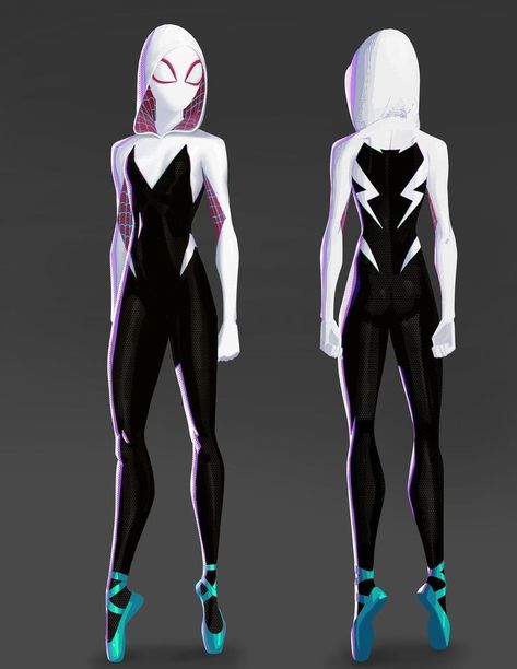 Spidergwen Suit Designs, Spider Gwen Character Design, Spider Gwen Design, Gwen Stacy Suit Design, How To Make Your Own Spiderman Suit, Spider Gwen Suit Concept Art, Gwen Stacy Pose Reference, Ghost Spider Outfit, Gwen Stacy Poses