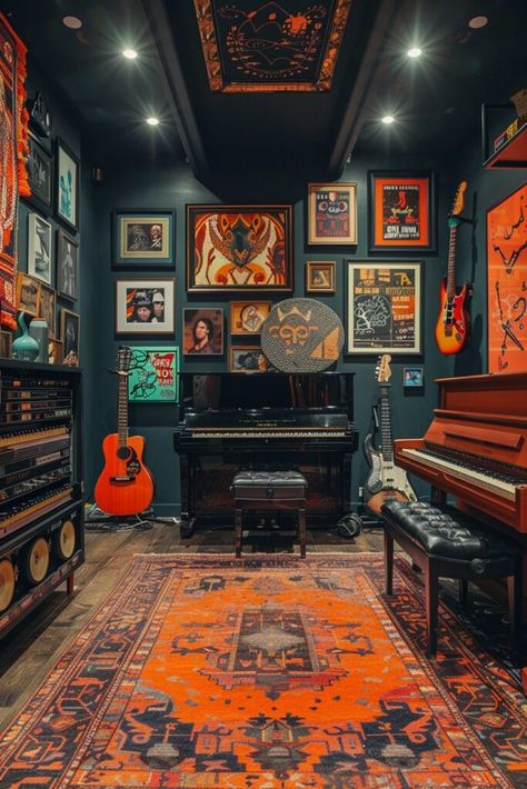 Musical Haven Jam Room Ideas Music Studios, Band Practice Room Ideas, Professional Music Studio Design, Eclectic Music Room, Music Memorabilia Display Ideas, In Home Music Studio, Green Music Room, Music Corner Living Room, Aesthetic Music Room