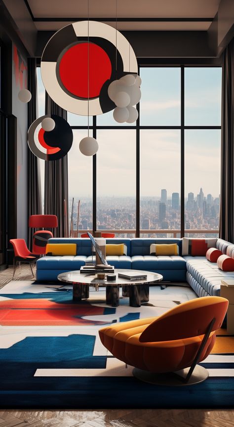 Contrast In Interior Design, Bauhaus Fashion, Bauhaus Interior Design, Postmodern Interior Design, Bauhaus Interior, Interior Design Drawings, Colorful Space, Bauhaus Design, Interior Design Art