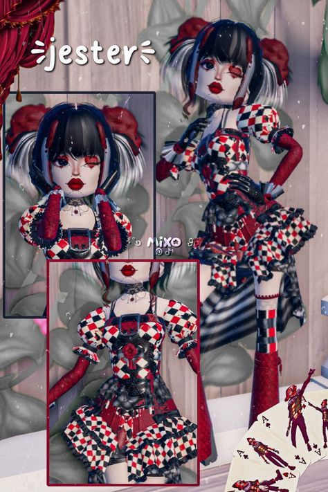 Dti Theme Crazy Day, Jester Dress To Impress, Dystopian Dress, Jester Outfit, Duo Dress, Clown Dress, Emo Roblox, Outfit Hacks, Dystopian Fashion