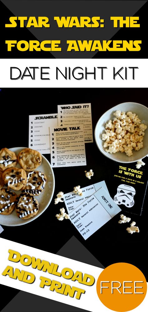 Are you and your date Star Wars nerds? Well, with this date night the force is with you. It's easy, fun, and affordable. Rather than just sitting and watching, step up your movie date with a lightsaber fight, quirky snacks, good conversation, awesome games, and a little bit of humor. #forceawakens #starwars #datenight From makeadateofit.com @makeadateofit Star Wars Themed Movie Night, Star Wars Movie Night Snacks, Star Wars Dinner And A Movie, Star Wars Day Ideas, Star Wars Date Night Ideas, Starwars Movie Night, Star Wars Themed Dinner, Star Wars Date Night, Star Wars Dinner