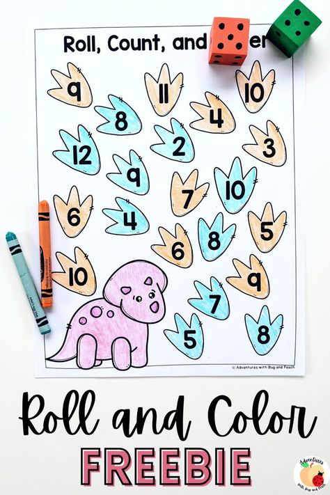 Do you have a dino-loving learner? Are you looking for new ways to practice number recognition, one-to-one correspondence, and addition with your preschooler or kindergartener? Find this dinosaur roll and color game and more math freebies to reinforce math concepts with your students. Roll the dice to determine where to color or place your manipulative. Take turns during math centers or use these printable pages for independent work. Roll A Dinosaur Dice Game, How Do Dinosaurs Count To Ten Activities, Dinosaur Math Activities Preschool, Dinosaur Kindergarten Activities, Dinosaur Activities Kindergarten, Dinosaur Math Activities, Dinosaur Activities For Preschool, Preschool Dinosaur Activities, Dinosaur Preschool Activities