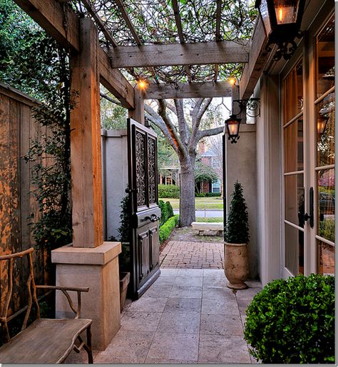 Zero lot lines.  VERY narrow spaces between houses.  You could build a pergola from your house – reaching almost to the brick wall.  This would leave space for a bed where you could plant vines and box. Narrow Side Yard, Side Yard Landscaping, Side Yards, Dry Creek, Hus Inspiration, Design Exterior, Side Yard, The Fence, Outdoor Rooms