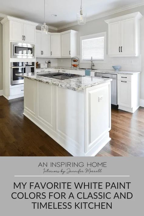 White kitchens never go out of style, even though they’ve been trending for a while now. But which white do you choose? Did you even know there’s more than one option? Cool whites, warm whites, creamy whites, off-whites…the list goes on. You must choose your white carefully. Favorite White Paint Colors, White Kitchen Paint Colors, Warm Whites, White Kitchen Cupboards, White Kitchen Paint, Best Wall Colors, Counter Ideas, Functional Kitchen Design, Paint Cabinets White