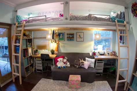 Two Lofted Twin Beds, Small Room For 2 Sisters Loft Bed, 2 Twin Loft Beds In One Room, Shared Room With Loft Beds, Small Bedroom Ideas For 2 Sisters Bunk, Loft Bed Shared Room, Aesthetic Room For 2 Sisters, Double Loft Beds For Small Rooms, Double Twin Loft Bed