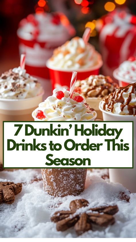 A display of Dunkin's holiday drinks, including peppermint mocha, gingerbread, and toasted white chocolate lattes, set in festive cups against a winter-themed background. Dunkin Christmas Drinks, Dunkin Donuts Iced Coffee Orders, Dunkin Donut, Dunkin Donuts Iced Coffee, Coffee Pairing, Coffee Menu, Peppermint Mocha, Secret Menu, Holiday Drinks