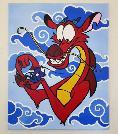 Acrylic painting I made of #mushu from Disney's Mulan Instagram @teresaxfaith #disney #mulan #mushu Mulan Canvas Paintings, Cute Disney Paintings On Canvas, Disney Artwork Paint, Mulan Paintings Easy, Disney Cartoon Paintings, Disney Paintings Ideas, Disney Mulan Drawings, Disney Characters Paintings, Pixar Paintings