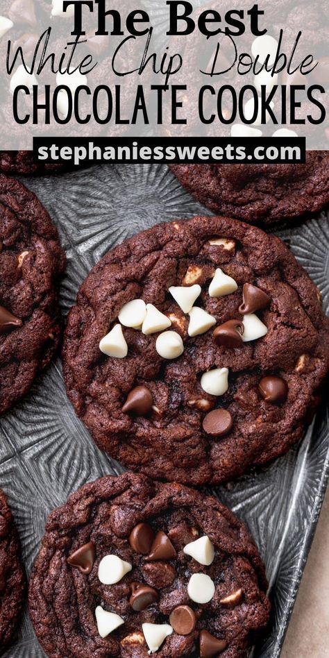 These white chip double chocolate chip cookies are chewy and fudgy. They have both white chocolate chips and chocolate chips. White Chocolate Chips Recipes, White Chocolate Chip Cookies Recipes, Double Chocolate Chip Cookie Recipe, White Chocolate Chip, Double Chocolate Chip Cookies, White Chocolate Cookies, White Chocolate Chip Cookies, Easter Desserts Recipes, Double Chocolate Cookies