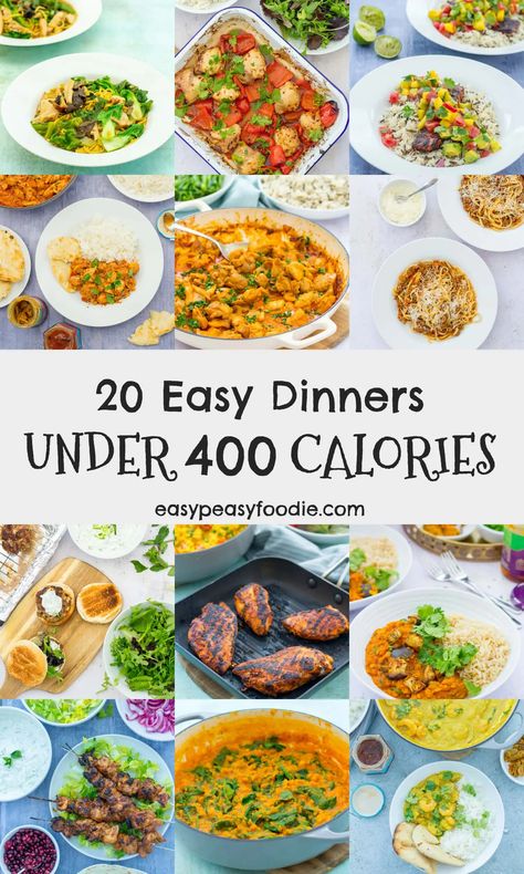 Want to cut down on your calories but still eat well? These 20 easy dinners are all under 400 calories per portion, but are packed with flavour, easy to make and family friendly too (so no more having to cook separate meals!) #under400calories #400caloriedinners #lowcalorie #lowcaloriedinners #easydinners #healthydinners #easypeasyfoodie #cookblogshare 400 Kcal Meals, Dinner Under 400 Calories, Calorie Counted Meals, 600 Calorie Dinner, Lady Shake, 400 Calorie Dinner, 600 Calorie Meals, 500 Calorie Dinners, Meals Under 400 Calories