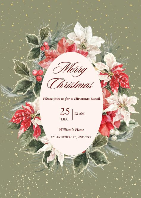 Plantillas Lunch Invitation Template, Lunch Invitation, Christmas Lunch, Wreath Christmas, Red Floral, Invitation Template, Christmas Wreaths, Floral Wreath, Wreath