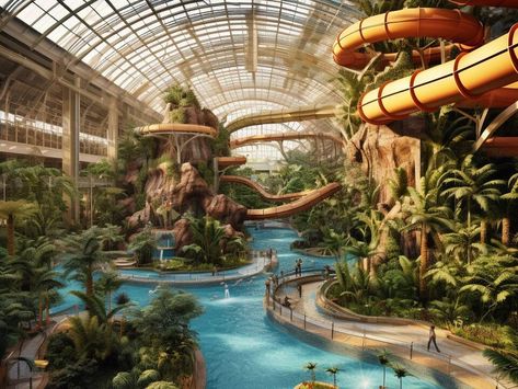 Bloxburg Indoor Waterpark, Indoor Park Design, Bloxburg Waterpark, Water Park Design, Waterpark Aesthetic, Bloxburg Resort, Indoor City, Water Park Ideas, Mountain View Resort