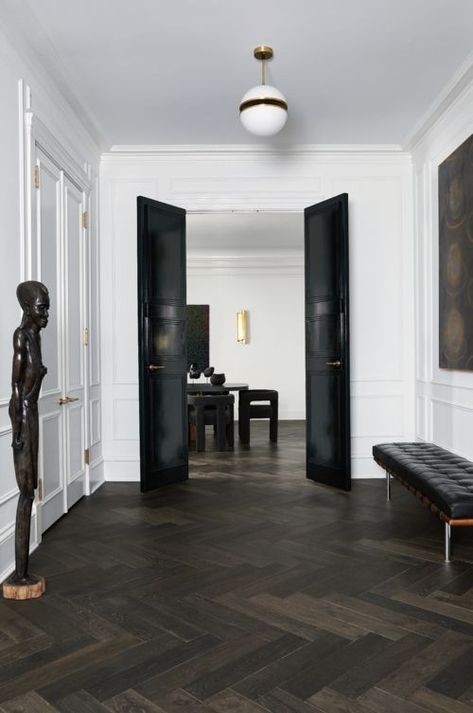 Dark Floor Hallway Ideas, House With Dark Floors, Dark Wood Herringbone Floor, Black Herringbone Floor, Black Floorboards, Black Flooring, Black Wood Floors, Hall Flooring, French Modern