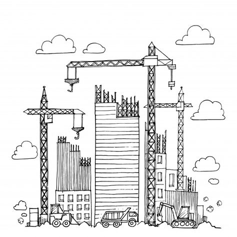 Urban construction, building sketch. Pre... | Free Vector #Freepik #freevector #business #city #building #construction Construction Drawings Art, Future City Drawing Easy, Construction Sketch, Plant Building, Construction Drawing, Construction City, Construction Art, Library Icon, Cartoon Building