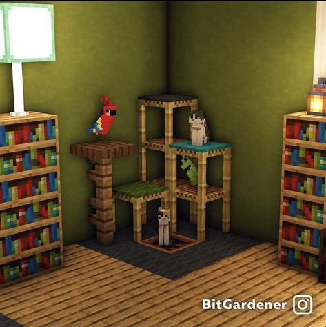 Shelves Minecraft Ideas, Minecraft Stairs Interior, Minecraft Vanity Ideas, Bird Room Minecraft, Minecraft Reading Corner, Cute Minecraft Closet, Cat Stand Minecraft, Minecraft Cat Post, Minecraft Crafting Area Ideas