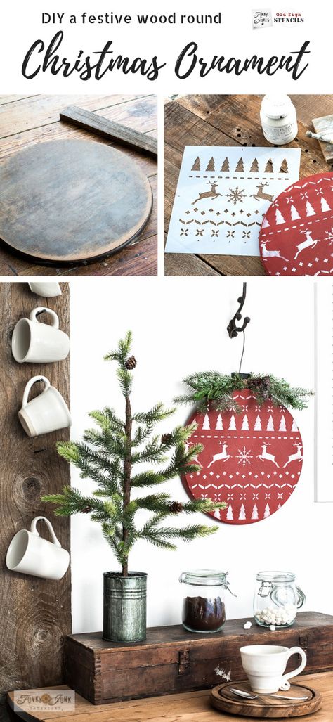 Learn how to create this festive and easy oversized Christmas ornament out of a wood round using a stencil! Perfect for custom Christmas decorating. Includes how to stencil and how to mix milk paint. Click to read full tutorial including a helpful how-to video! Large Wood Rounds Crafts, Diy Wood Round Ornament, Wood Round Ornaments, Christmas Sweater Ornament, Art Docent, Wood Christmas Decorations, Booth Inspiration, Ornament Party, Unfinished Wood Crafts