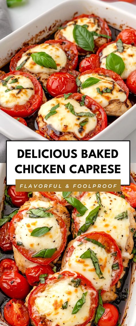 Image for Delicious Baked Chicken Caprese Easy Pesto Chicken Bake, Ground Chicken Caprese Skillet, Hummus Baked Chicken, Balsamic Baked Chicken With Mozzarella, Chicken Bacon Mozzarella Recipes, Chicken Mozzarella Tomato Recipes, Recipes With Chicken And Tomatoes, Chicken Pesto Mozzarella Bake, Chicken Fresh Mozzarella Recipes