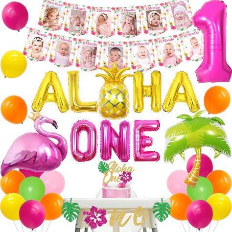 PRICES MAY VARY. hawaiian 1st birthday party decorations aloha 1st birthday photo banner for baby from newborn to 12 months tropical first birthday party decorations flamingo siam flower summer beach party supplies Monthly Photo Banner: The Hawaii theme photo banner uses the aloha print pattern as the theme, which is perfect for little one's first birthday, will surely make a great decoration for your home, mantel, wall or fireplace, and to record the meaningful year of your babies. Unique Desig Cake Topper Number, Monthly Photo Banner, Hawaii Theme, Pineapple Theme, Luau Birthday Party, Birthday Photo Banner, Aloha Print, 1st Birthday Party Decorations, First Birthday Party Decorations