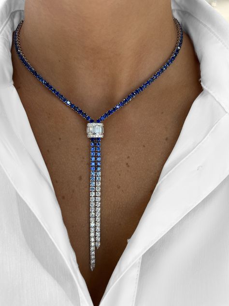 We can't get enough of this stunning necklace from Charles Krypell 😍 💙 #BighamJewelers #CharlesKrypell #ColoredStones #DiamondNecklace #FineJewelry Jewelry Blue Aesthetic, Aesthetic Diamond Jewelry, Two Stone Necklace, Minimal Diamond Necklace, Blue Jewelry Aesthetic, Sapphire Jewelry Necklace, Blue Stone Jewellery, Harry Winston Necklace, Diamond Aesthetic