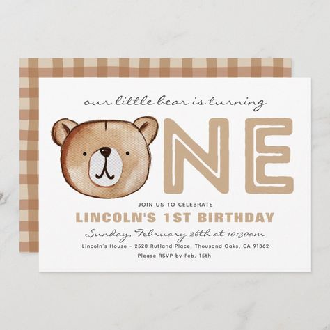 Bear Birthday Invitations, Baby Bear Birthday Party, Simple Birthday Invitation, Woodland 1st Birthday, Camping Invitations, Forest Birthday, Baby Birthday Themes, Bear Birthday Party, Bear Invitations