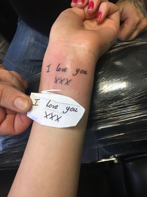 I love you in my boyfriends handwriting. #memorial #tattoo #boyfriend Boyfriend Name Tattoo, Tattoos For Boyfriend, Boyfriends Name Tattoo Ideas, Tattoo Boyfriend, Boyfriend Name Tattoos, Memorial Tattoo Designs, Husband Tattoo, Tattoo For Boyfriend, Small Matching Tattoos