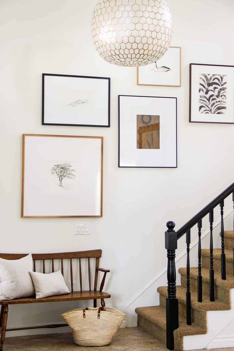 Staircase Gallery Wall Layout | Wildflower Home Frame Wall Staircase, Wooden Gallery Wall, Small Staircase Gallery Wall, Frames Staircase Wall, Frames Up Staircase, Styling Staircase Wall, Staircase Frames Layout, Photos Staircase Wall, Wall Decor For Stair Walls