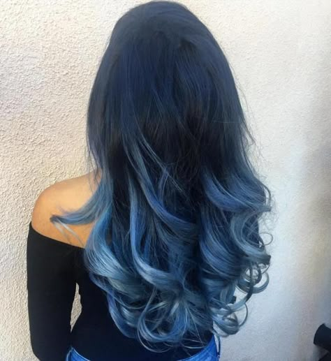 Long Black To Pastel Blue Ombre Hair Blue Hair Color Ombre, Dark Blue Hair Color, Hair Color Ombre, Blue Hair Color, Ombre Hairstyles, Blue Ombre Hair, Dark Blue Hair, Brown Ombre Hair, Ombré Hair