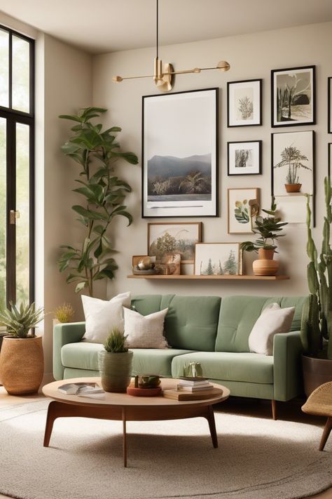 Modern living room with a green sofa, large plants, and a gallery wall of nature-themed artwork. Wall Idea For Living Room, Over Sofa Wall Decor Ideas Living Rooms, Ideas For A Wall In Living Room, Living Room Designs Photo Wall, Limited Wall Space Living Room, Blank Wall Next To Tv, Home Decor Ideas White Walls, Decorations Above Couch, Ideas For A Big Wall In Living Room