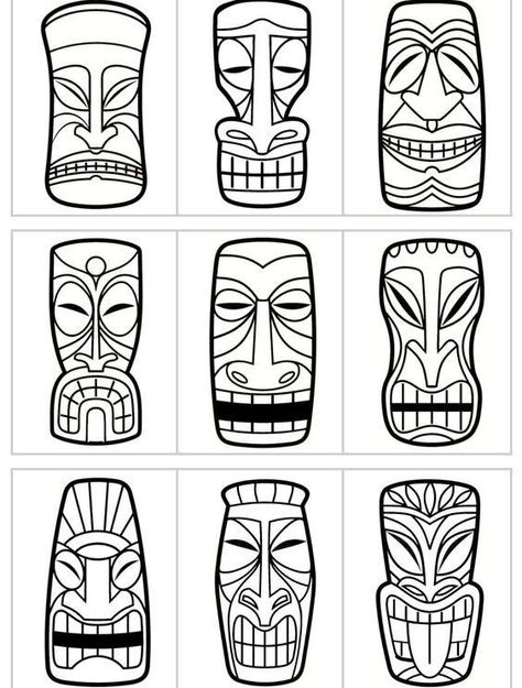 Tiki Crafts For Kids, Tiki Faces Template, Tiki Coloring Pages, Mascaras Tiki, Totem Tiki, Totem Pole Art, Tiki Masks, Tiki Faces, Totem Tattoo