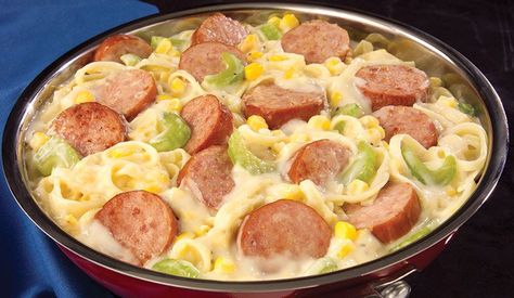 Smoked sausage, creamed corn, sour cream and egg noodles are combined for an easy stovetop supper. Eckrich Sausage, Sausage Dinners, Sausage Noodles, Egg Noodle Recipes, Cabbage And Noodles, Smoked Sausage Recipes, Noodle Recipe, Sausage Casserole, Roasted Chicken Breast