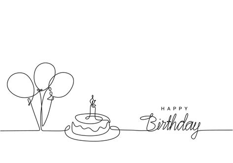 Line Art Birthday Card, Happy Birthday Line Art, Birthday Balloon Drawing, Happy Birthday Cute Drawing, Birthday Cake Art Drawing, Hbd Drawing, Happy Birthday Sketch Drawing, Cake Line Drawing, Happy Birthday Art Draw