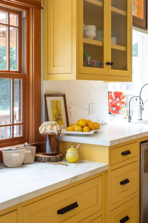 Yellow Lower Cabinets White Upper, White And Yellow Kitchen Cabinets, Yellow Lower Kitchen Cabinets, Marigold Kitchen Cabinets, Yellow Kitchen Cabinets Farmhouse, Kitchen Yellow Cabinets, Mustard Yellow Cabinets, Mustard Kitchen Cabinets, Mustard Yellow Kitchen Cabinets