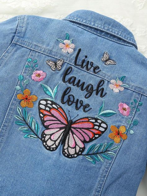 Young Girl Butterfly & Floral Embroidery Denim Jacket Embroidery Denim Jacket, Denim Jacket Embroidery, Jean Diy, Embroidery Denim, Girls Denim Jacket, Painted Jacket, Painted Denim, Embroidery Fashion, Girls Denim