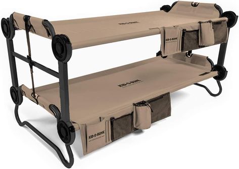 Disc-O-Bed Youth Kid-O-Bunk 2 Person Bench Bunked Double Camping Bunk Bed Cot with 2 Side Organizers, Tan Double Toddler Bed, Camping Bunk Beds, Cot With Storage, Toddler Bed With Storage, Camping Cot Bed, Bed Cot, Bottom Bunk, Storage Organizers, Camping Cot