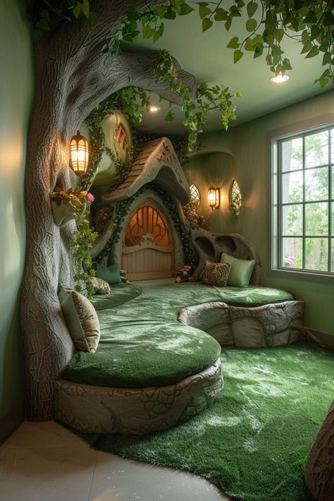 29 Basement Playroom Ideas for a Stylish and Fun Area 7 Forest Themed Library, Magical Reading Nook, Kids Room Forest Theme, Enchanted Forest Room Ideas, Fairy Playroom, Forest Themed Living Room, Playhouse Themes, Nature Playroom, Forest Playroom